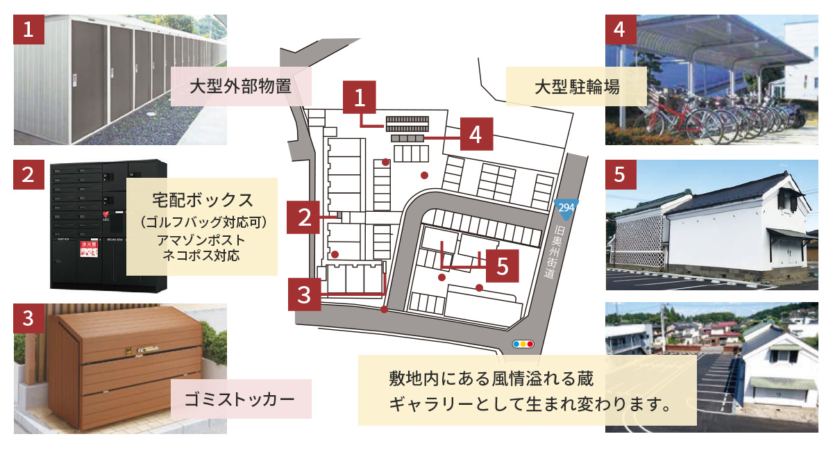 ホテルやサービスのキャッチフレーズなど グラン大町 外部物置・宅配ボックス・駐車場・自転車置き場